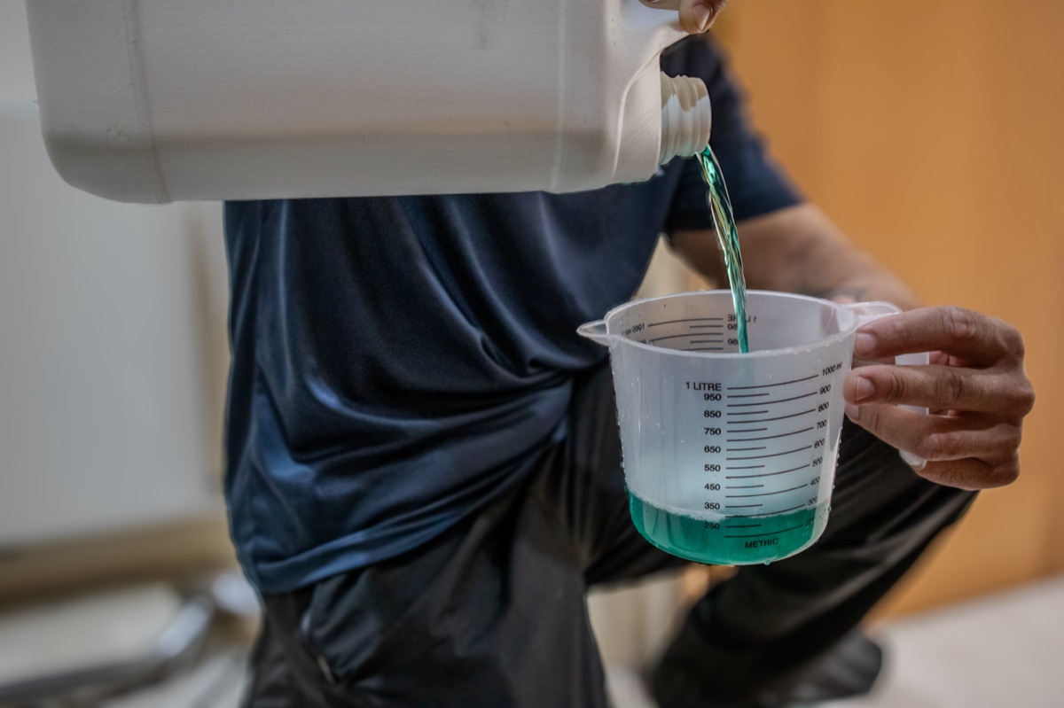 Eco-friendly, fibre-safe cleaning solution measured before use